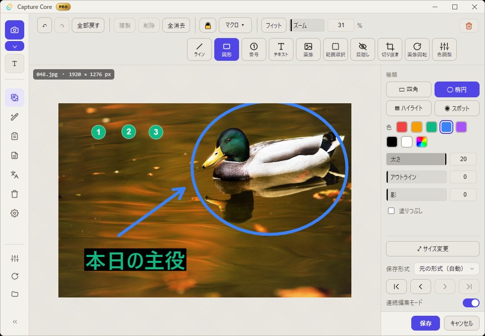 Capture Core のエディタ画面。カモの写真に矢印・楕円・連番バッジ・テキスト注釈が重ねられ、右側に図形ツールの設定パネルが表示されている