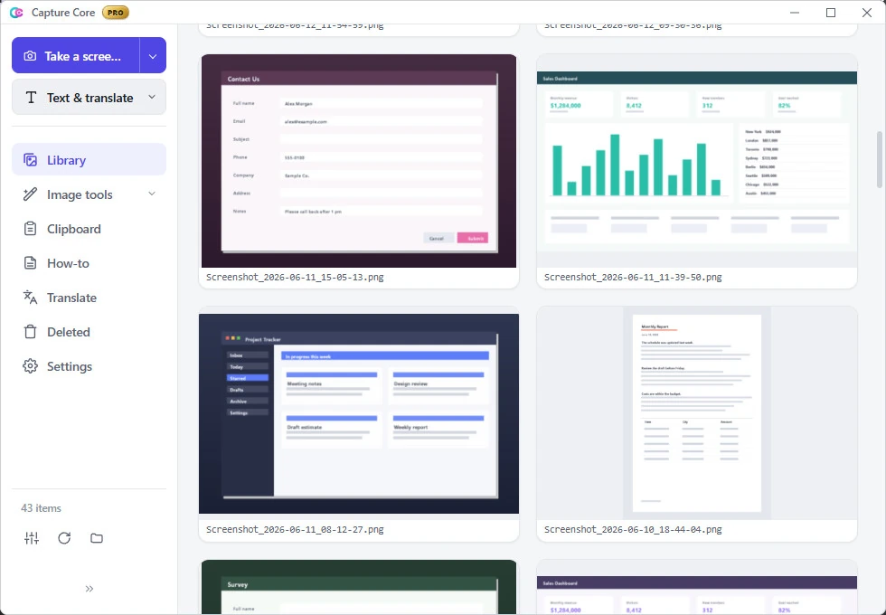 The Capture Core library showing saved screenshots as a grid of thumbnails, with the sidebar expanded.